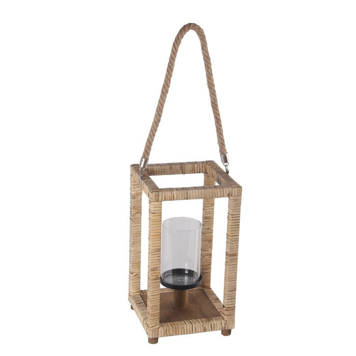 Square Lantern with Woven Body and Rope Handle, Natural Brown