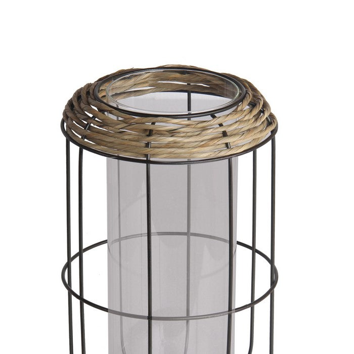 Grid Metal Frame Glass Lantern with Rattan, Medium, Brown and Black