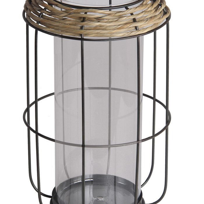 Grid Metal Frame Glass Lantern with Rattan, Medium, Brown and Black
