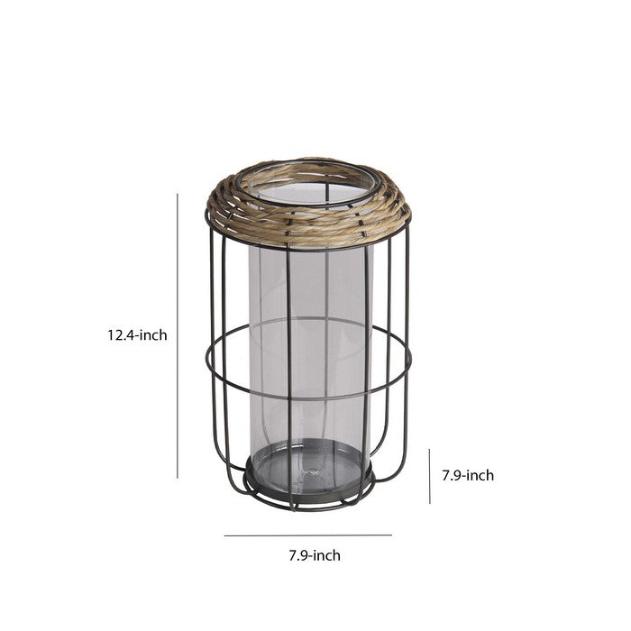 Grid Metal Frame Glass Lantern with Rattan, Medium, Brown and Black