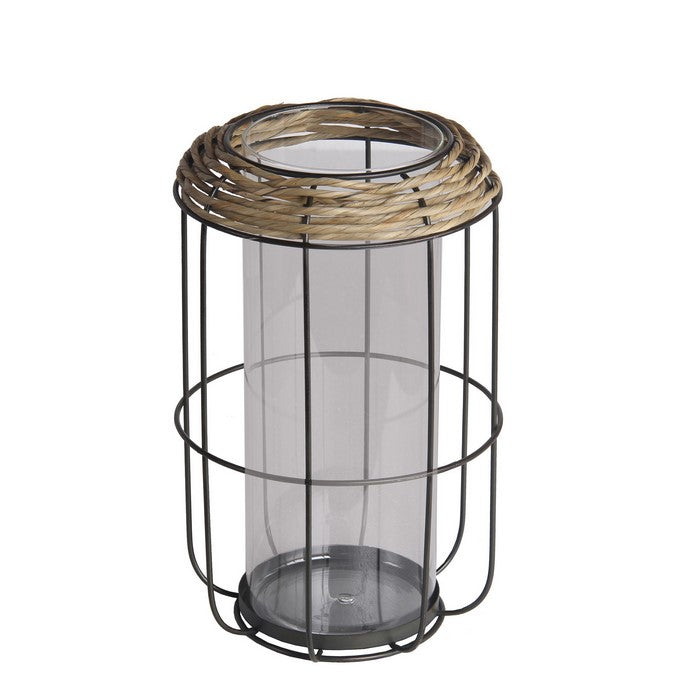 Grid Metal Frame Glass Lantern with Rattan, Medium, Brown and Black