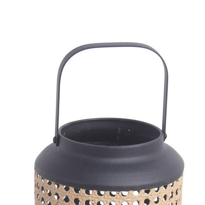 Cylindrical Metal Lantern with Lattice Design, Medium, Brown and Black