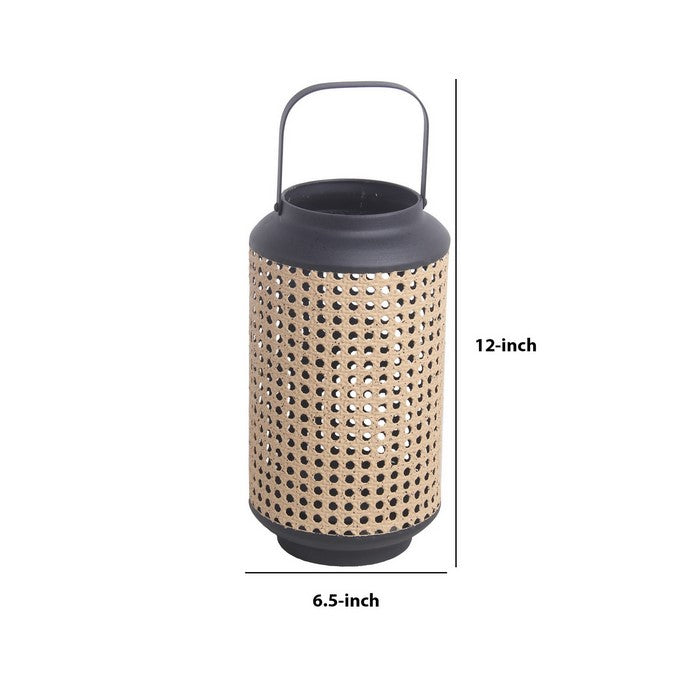 Cylindrical Metal Lantern with Lattice Design, Medium, Brown and Black