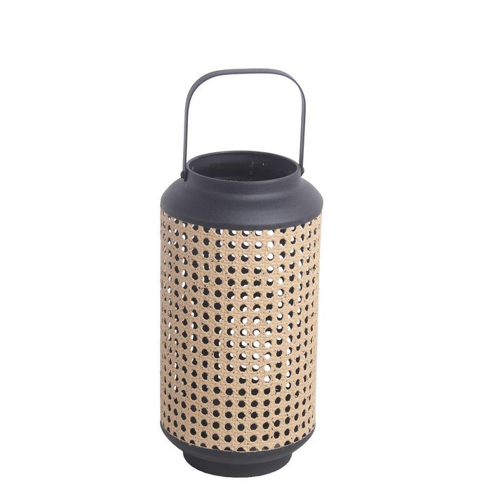 Cylindrical Metal Lantern with Lattice Design, Medium, Brown and Black