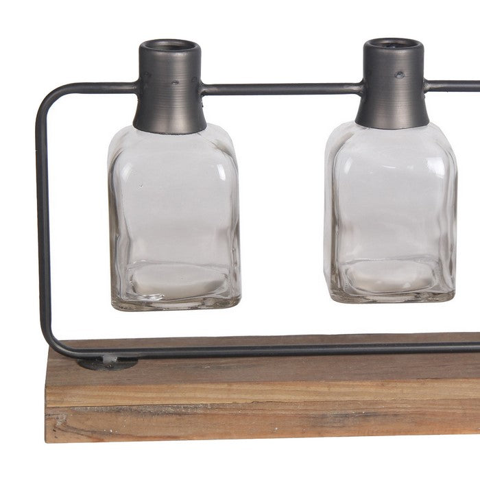 Metal Candle Holder with 3 Glass Hurricane and Wood Base, Black and Brown