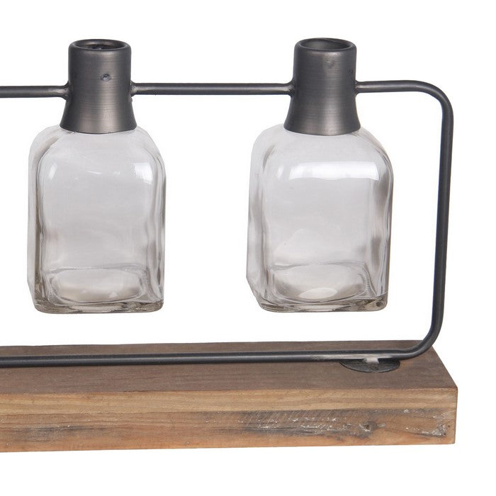Metal Candle Holder with 3 Glass Hurricane and Wood Base, Black and Brown