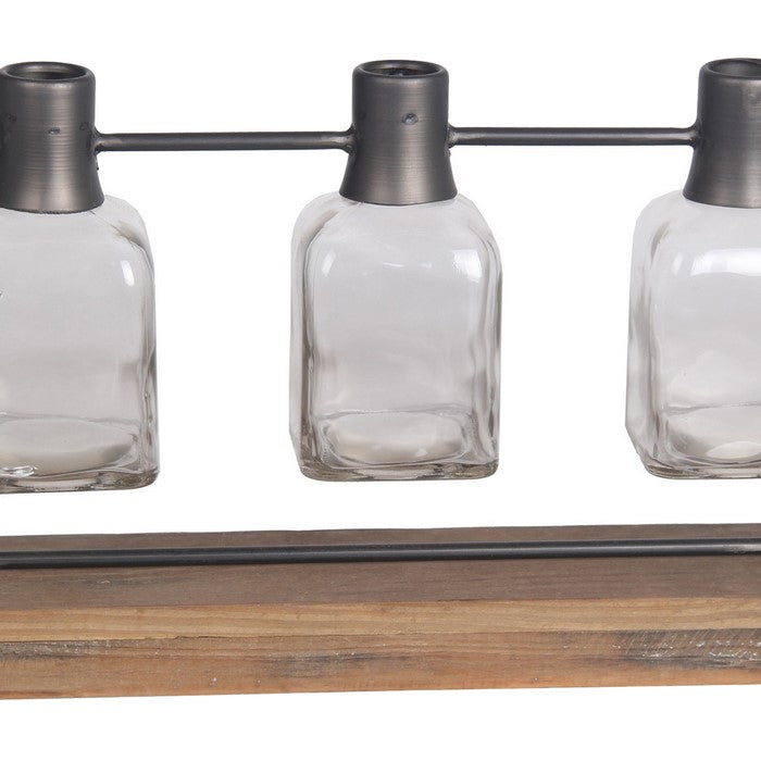 Metal Candle Holder with 3 Glass Hurricane and Wood Base, Black and Brown