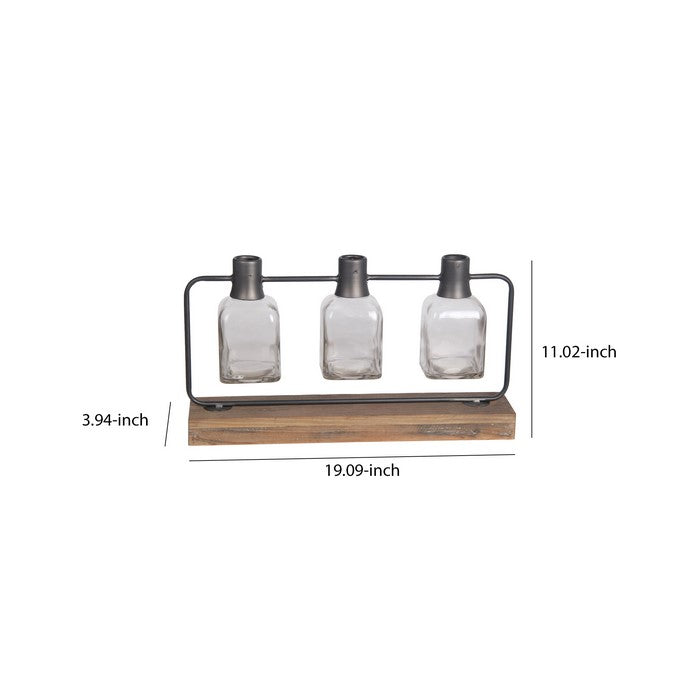 Metal Candle Holder with 3 Glass Hurricane and Wood Base, Black and Brown