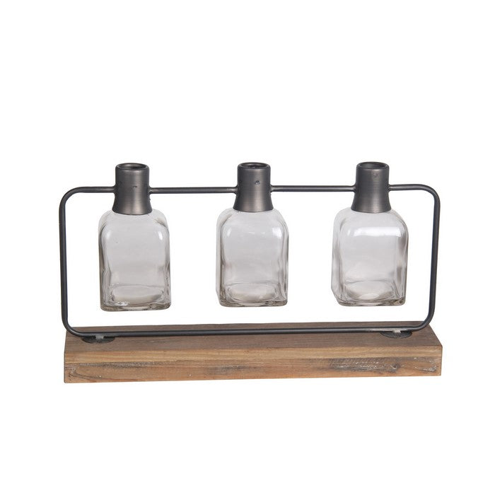 Metal Candle Holder with 3 Glass Hurricane and Wood Base, Black and Brown