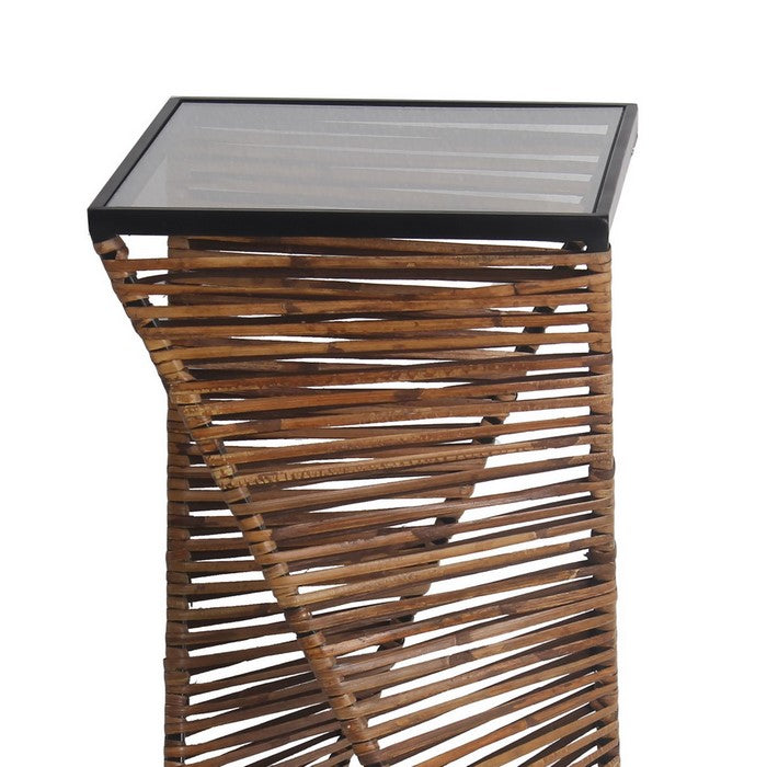 Rectangular Glass Top Accent Table with Rattan Wrapping, Black and Brown
