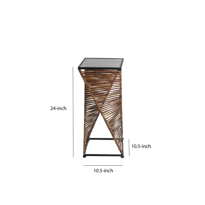 Rectangular Glass Top Accent Table with Rattan Wrapping, Black and Brown