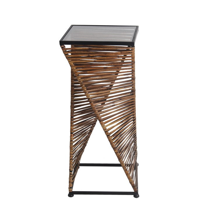 Rectangular Glass Top Accent Table with Rattan Wrapping, Black and Brown