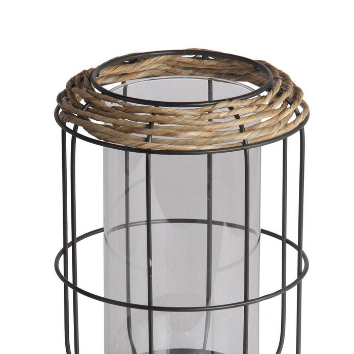 Grid Metal Frame Glass Lantern with Rattan, Small, Brown and Black
