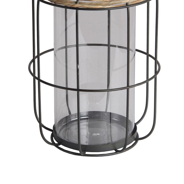 Grid Metal Frame Glass Lantern with Rattan, Small, Brown and Black