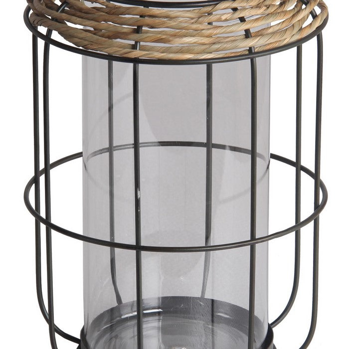 Grid Metal Frame Glass Lantern with Rattan, Small, Brown and Black