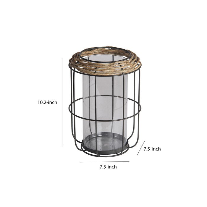 Grid Metal Frame Glass Lantern with Rattan, Small, Brown and Black