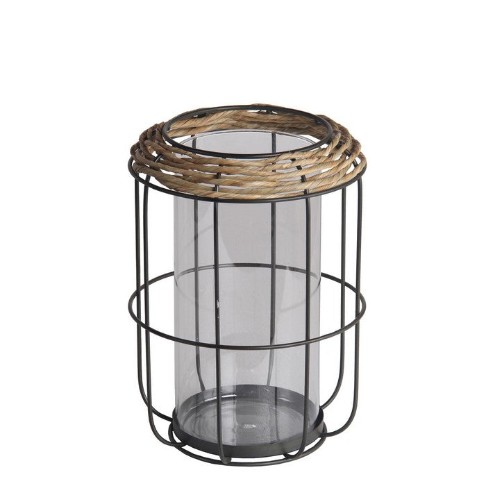 Grid Metal Frame Glass Lantern with Rattan, Small, Brown and Black
