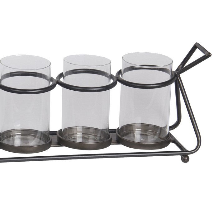Tubular Metal Frame Candle Holder with 5 Glass Hurricanes, Black