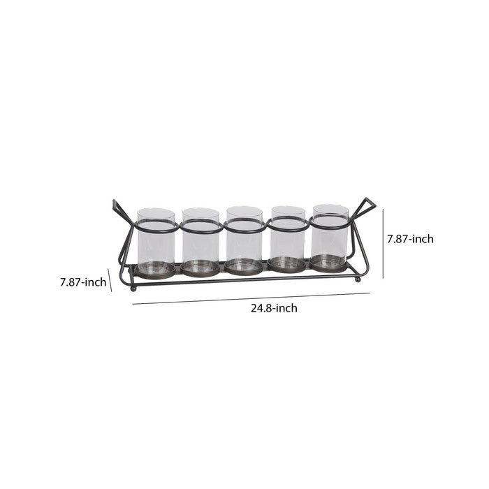 Tubular Metal Frame Candle Holder with 5 Glass Hurricanes, Black
