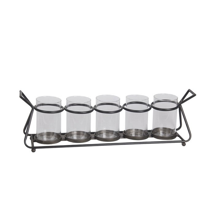 Tubular Metal Frame Candle Holder with 5 Glass Hurricanes, Black