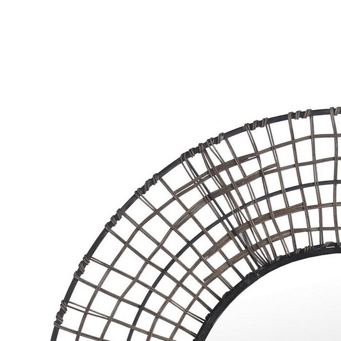Grid Design Metal Encased Round Mirror with Rattan Wrapping, Black