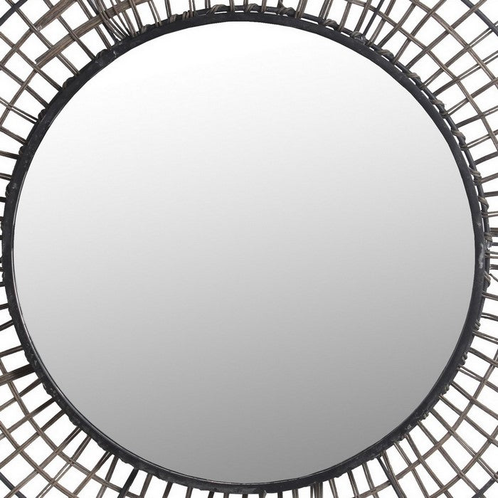Grid Design Metal Encased Round Mirror with Rattan Wrapping, Black