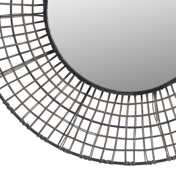 Grid Design Metal Encased Round Mirror with Rattan Wrapping, Black