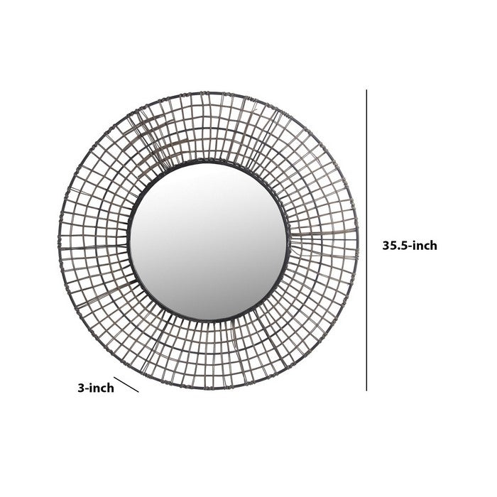 Grid Design Metal Encased Round Mirror with Rattan Wrapping, Black