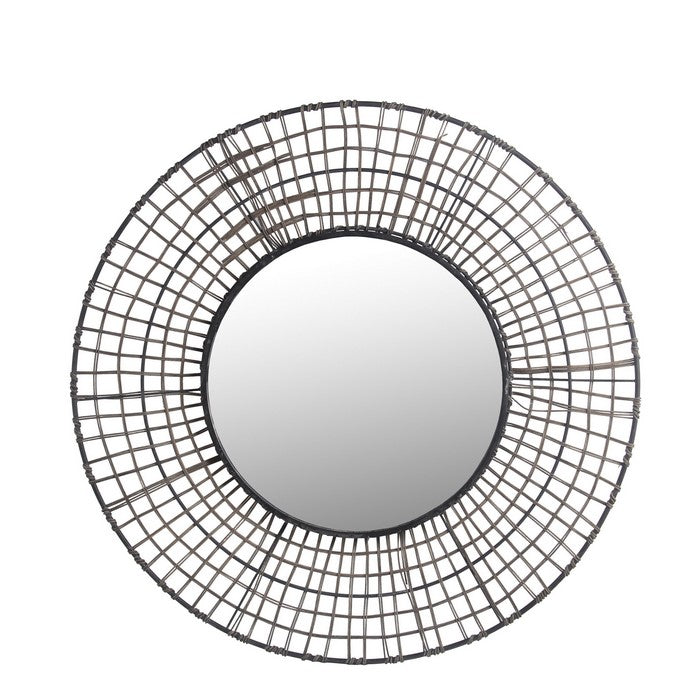 Grid Design Metal Encased Round Mirror with Rattan Wrapping, Black