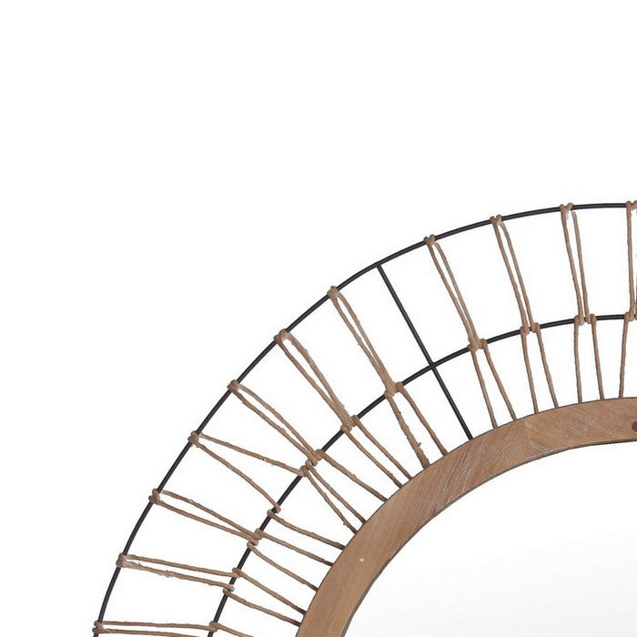 Metal Encased Round Mirror with Wire Design Frame, Black and Natural Brown