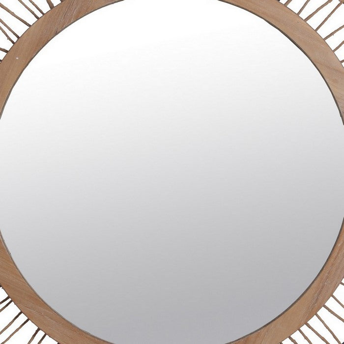 Metal Encased Round Mirror with Wire Design Frame, Black and Natural Brown