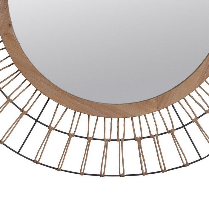Metal Encased Round Mirror with Wire Design Frame, Black and Natural Brown