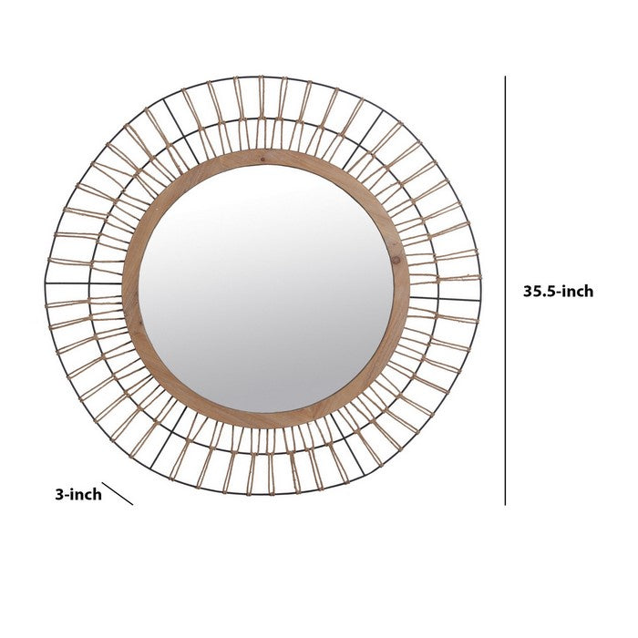 Metal Encased Round Mirror with Wire Design Frame, Black and Natural Brown