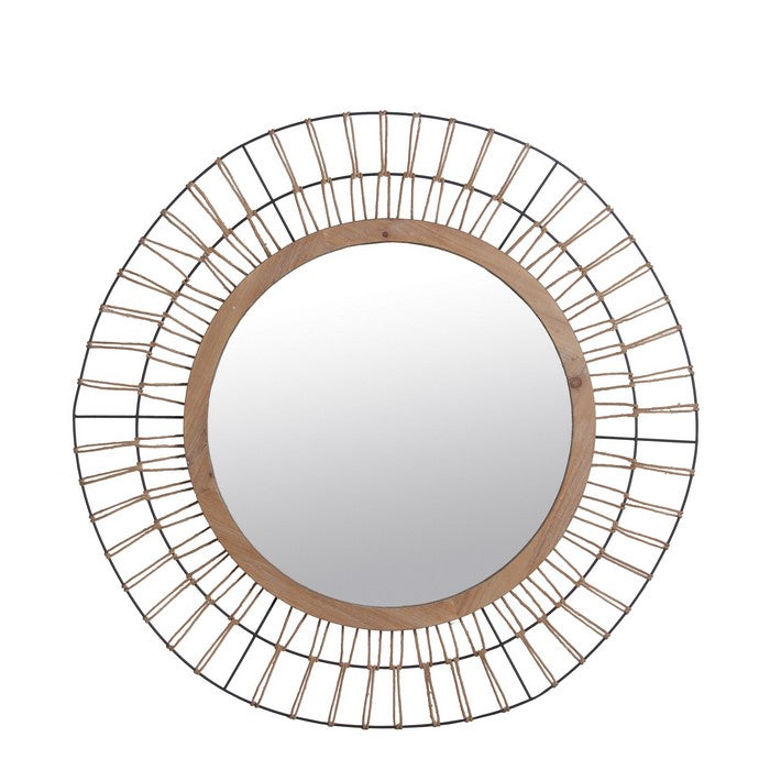 Metal Encased Round Mirror with Wire Design Frame, Black and Natural Brown