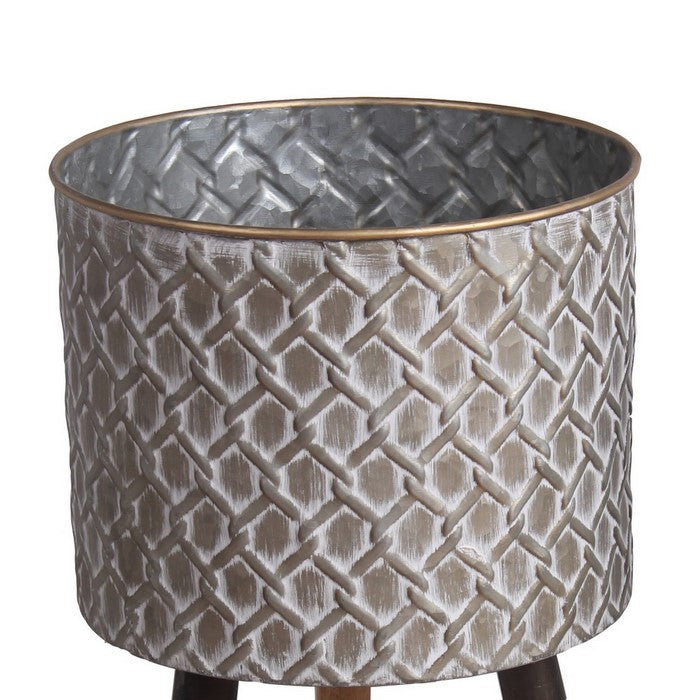 Round Metal Planter with Angular Legs, Set of 2, Gray and Brown