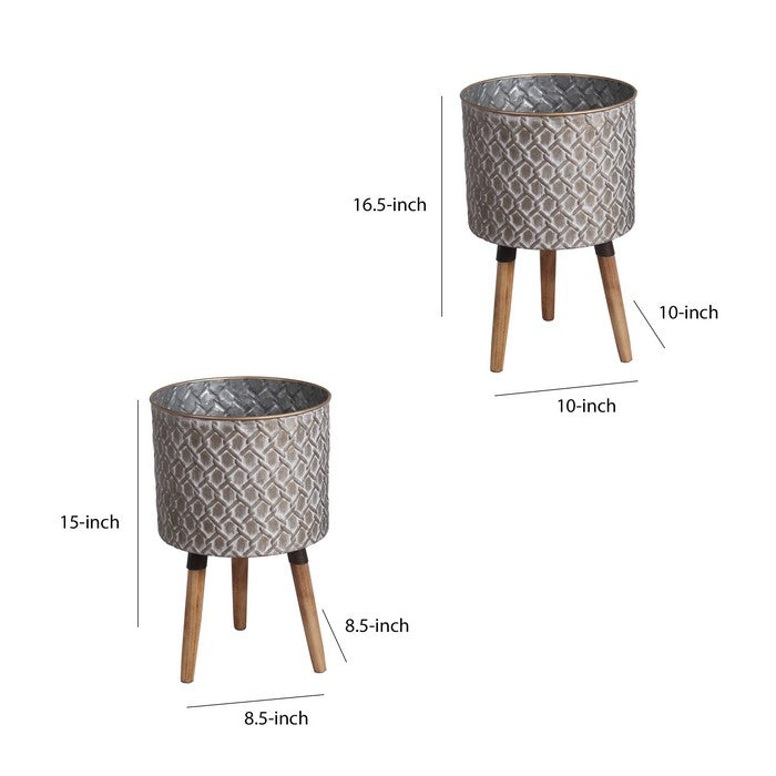 Round Metal Planter with Angular Legs, Set of 2, Gray and Brown