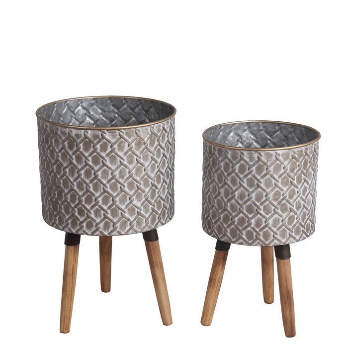 Round Metal Planter with Angular Legs, Set of 2, Gray and Brown