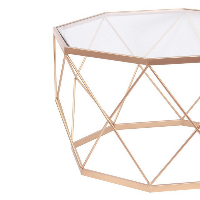 Octagonal Glass Top Metal Accent Table with Geometric Body, Set of 2, Gold