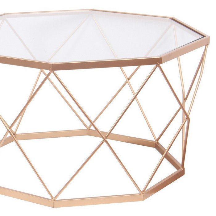 Octagonal Glass Top Metal Accent Table with Geometric Body, Set of 2, Gold