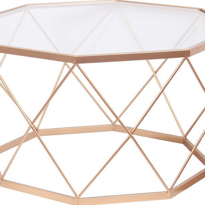 Octagonal Glass Top Metal Accent Table with Geometric Body, Set of 2, Gold