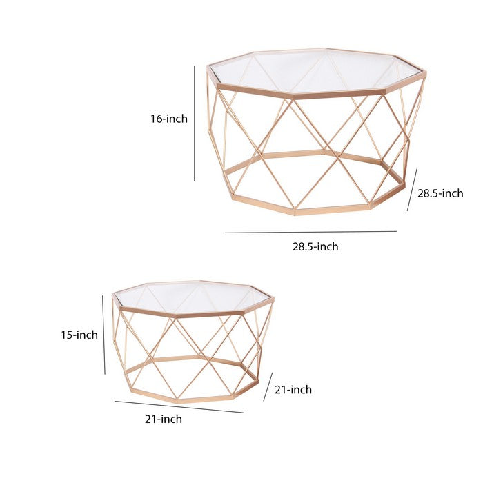 Octagonal Glass Top Metal Accent Table with Geometric Body, Set of 2, Gold