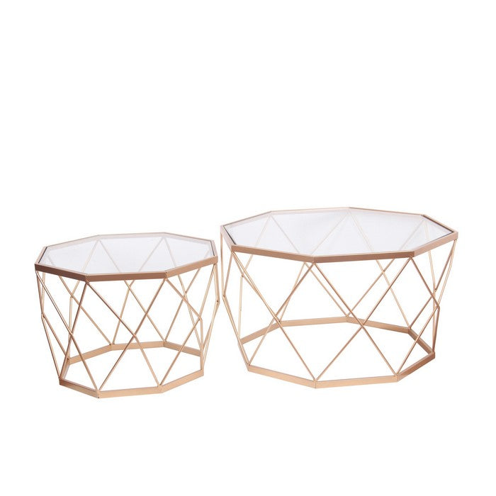 Octagonal Glass Top Metal Accent Table with Geometric Body, Set of 2, Gold