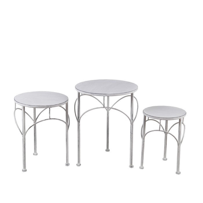 Round Tabletop Metal Plant Stands with Tubular Legs, Set of 3, Washed White