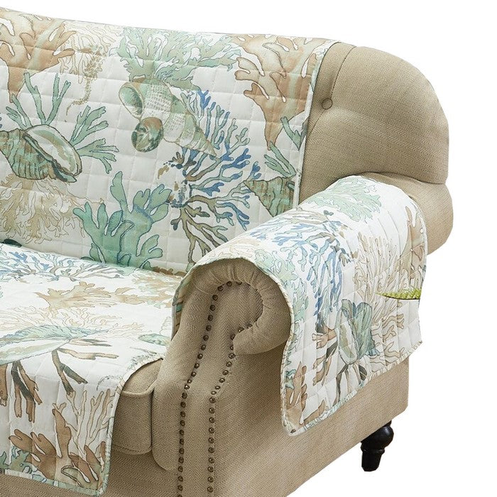 Polyester Loveseat Protector with Coral Print, Jade Green and White