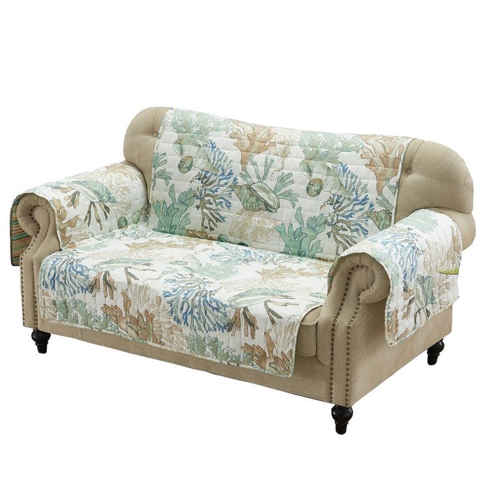 Polyester Loveseat Protector with Coral Print, Jade Green and White