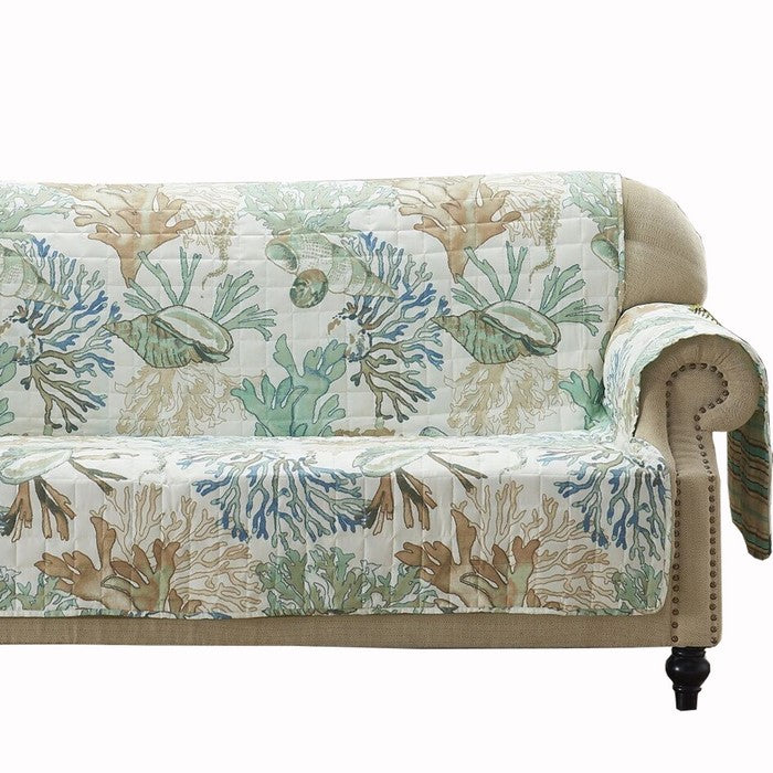 Polyester Sofa Protector with Coral Print, Jade Green and White