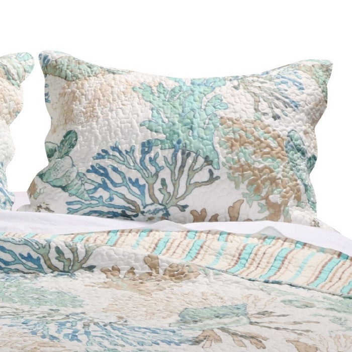 36 x 20 Inches King Sham Pillow with Coral Design, Jade Green and White