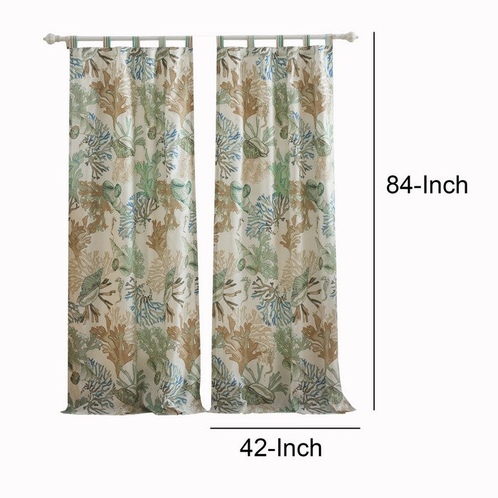 4 Piece Polyester Window Panel Set with Coral Print, Jade Green and White