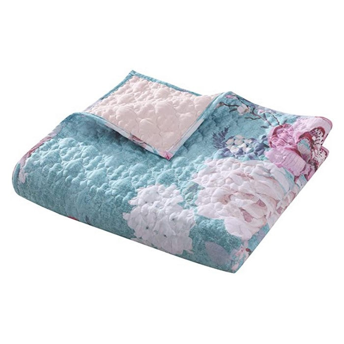 60 x 50 Inches Polyester Throw Blanket with Floral Print, Blue and White