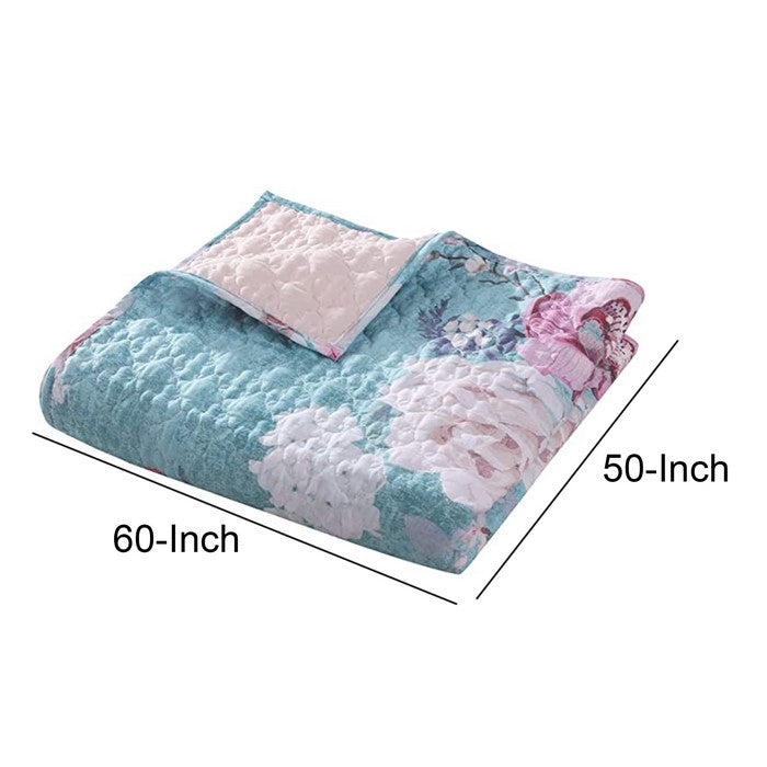 60 x 50 Inches Polyester Throw Blanket with Floral Print, Blue and White